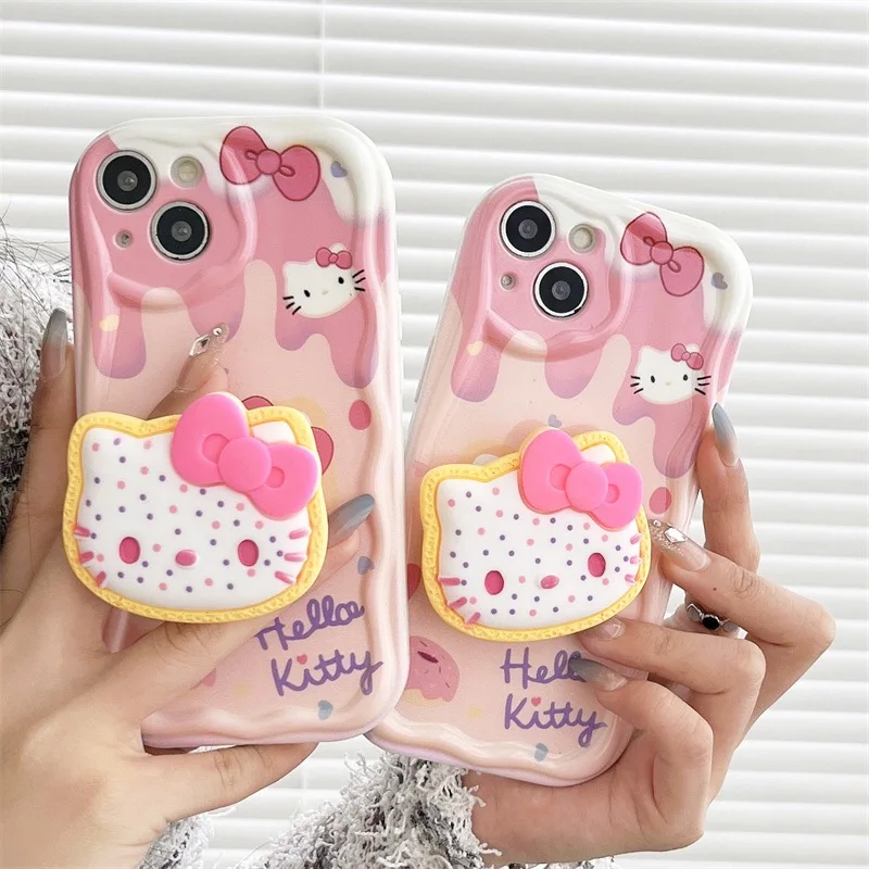 Чехол Hello Kitty Grip Tok Holder 3D Wave Bracket для iPhone 16 15 14 13 12 11 Pro Max Mini X XR XSMAX 8 7 6S Plus Мягкий
