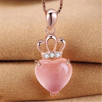 new romantic fashion simulated pink opal crown heart pendant clavicle chain necklace for women girl sweet love promise jewelry