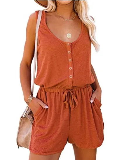 

Jumpsuits Women Summer Casual Sleeveless Round Neck Button Jumpsuit Shorts Pocket Jumpsuit Female