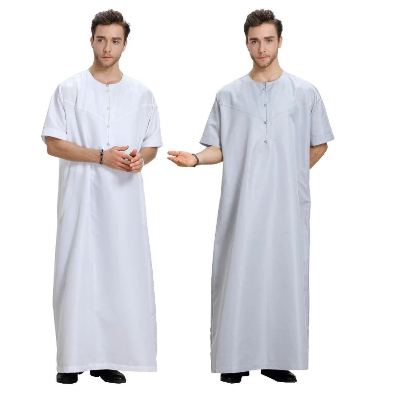 Dubai Muslim Men Maxi Jubba Thobe Dress Arab Abaya Kaftan Dishdasha Robe Kaftan Jilbab Thawb Ramadan Summer Short Sleeve Gown
