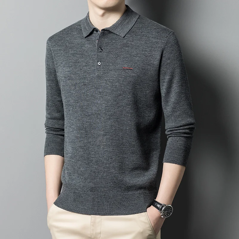 Winter 100% worsted merino wool polo collar solid color pullover thick warm casual men's sweater