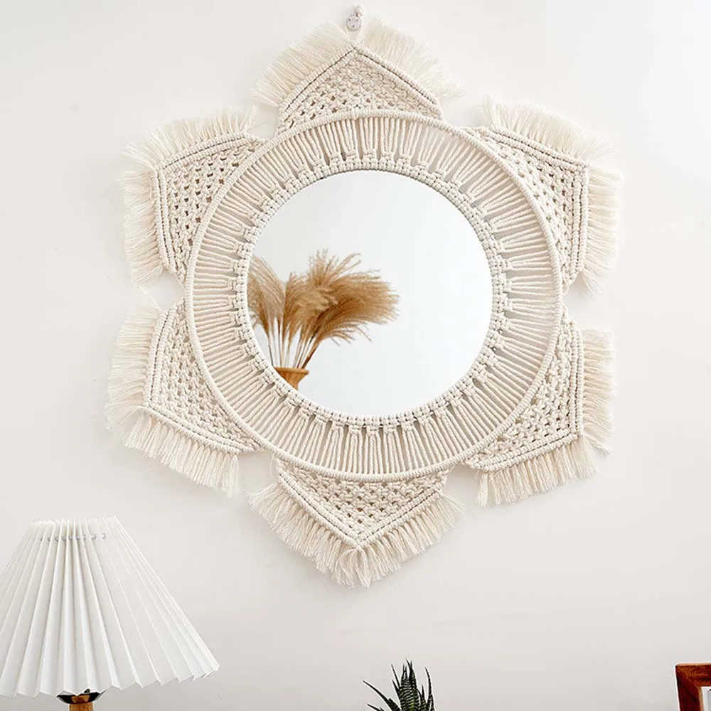 

Hanging Wall Mirror with Macrame Fringe Round Boho Mirror Art Decor for Apartment Living Room Bedroom Baby Nursery Dorm Entryway