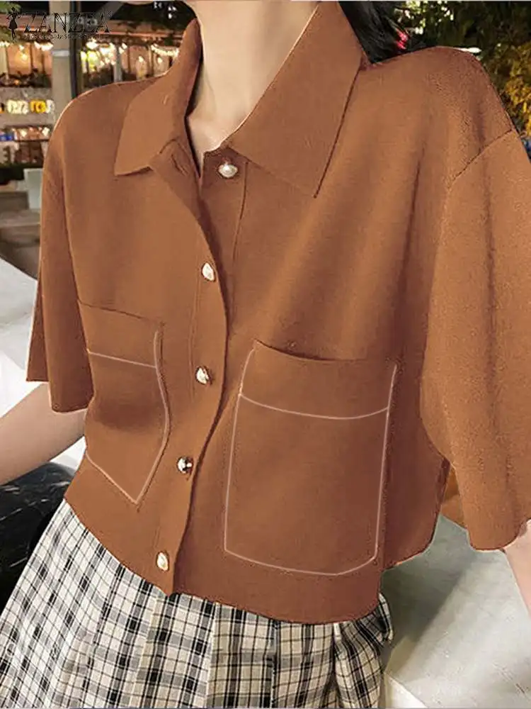 

Рубашка ZANZEA женская с коротким рукавом, Повседневная модная блуза с лацканами и пуговицами, модная блуза в Корейском стиле, контрастных цве...