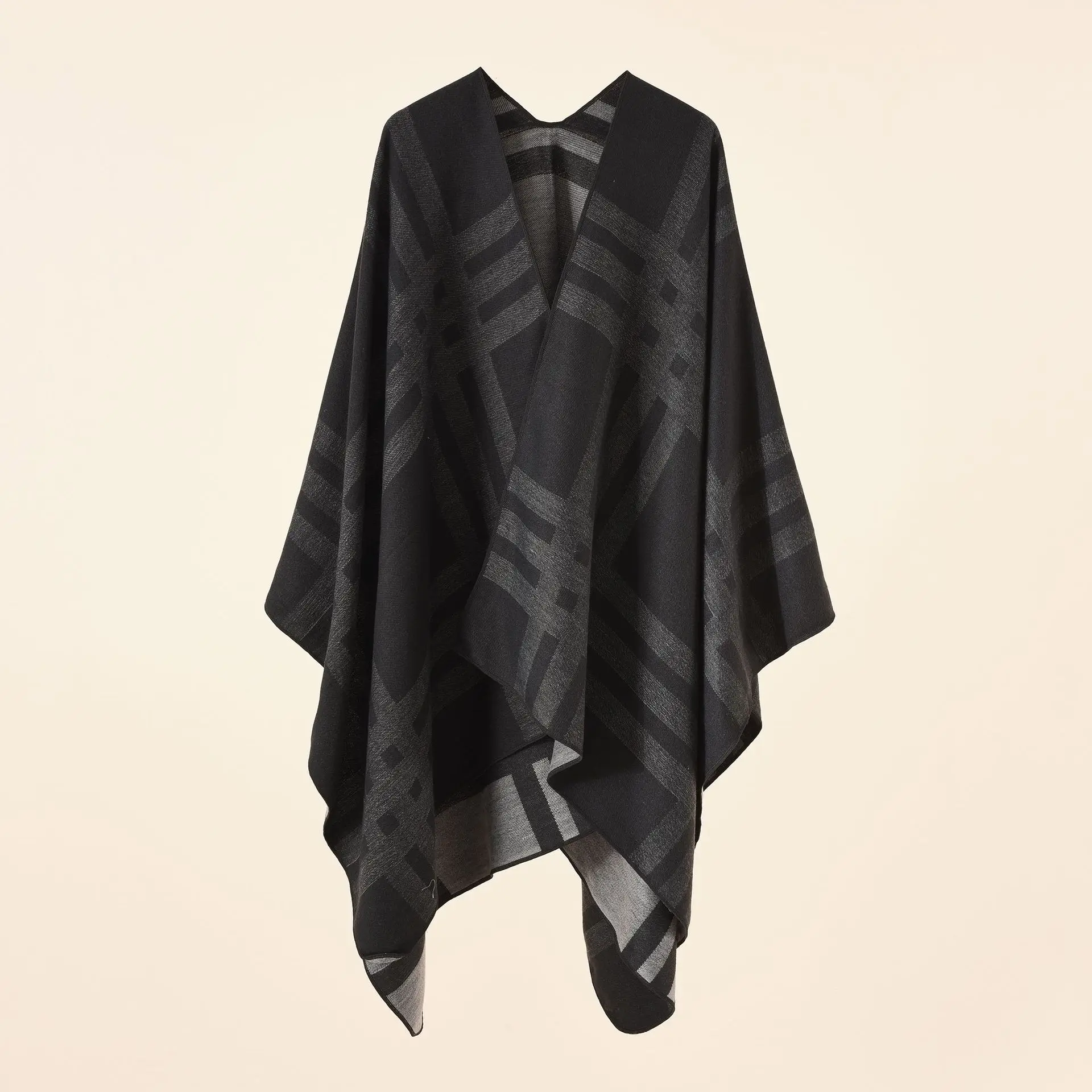 

2022 Autumn Winter New Large Plaid stripe pattern Imitation Cashmere Warm Casual Women Shawl Poncho Capes Lady Coat Black
