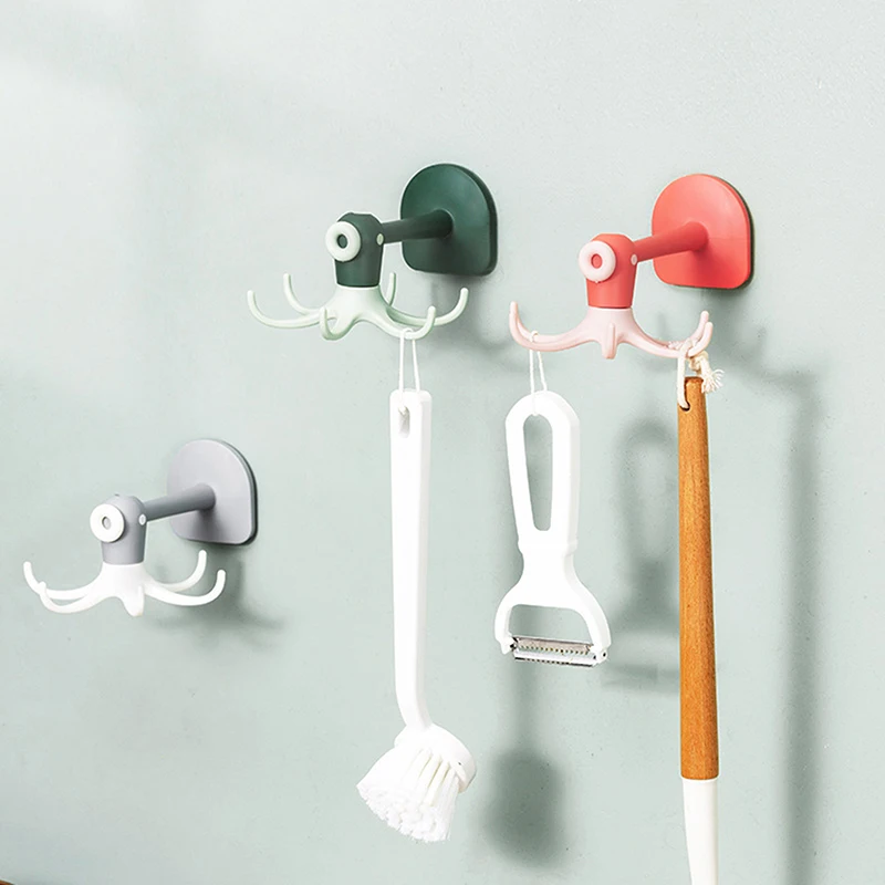 

360 Degrees Rotated Kitchen Hooks Self Adhesive 6 Hooks Home Wall Door Hook Handbag Bag Hanger Hanging Rack Octopus Shaped