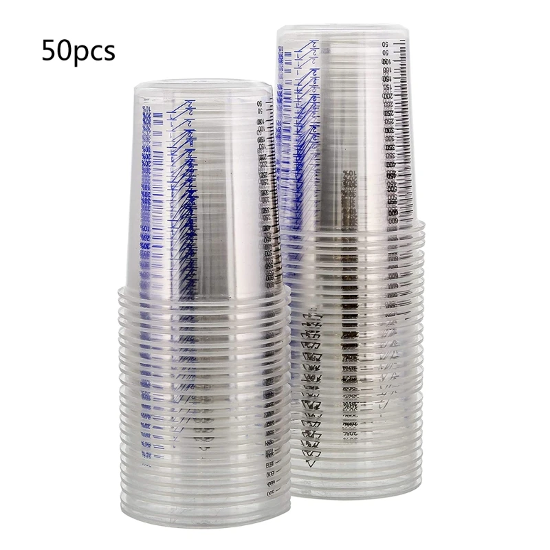 

50Pcs Disposable Clear Graduated Plastic Mixing Cups for Paint UV Resin Epoxy 20 Oz 600ml Measuring Ratios 2-1 3-1 4-1