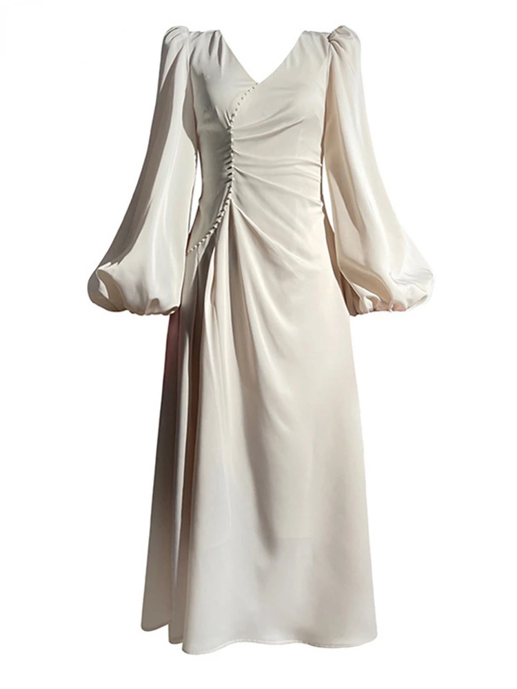 

IEQJ Classic French Dress Women's Long Sleeve V-neck Beaded Slim Solid Color Female Dresses Fashion Summer 2023 New 3W1191