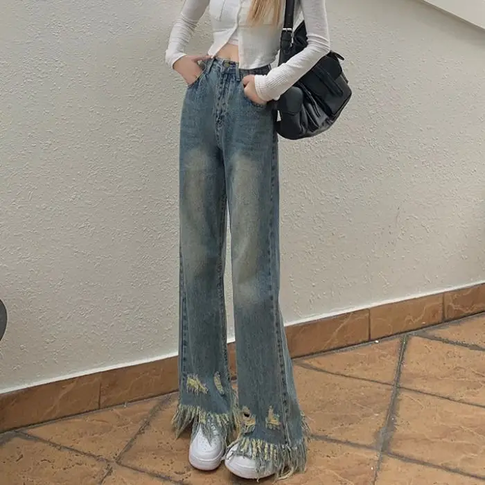 

Hole Trend Girl Denim Straight Leg Pants High Street Retro Trousers Y2K Hot Girl High Waist Loose Wide Leg Jeans Women L280