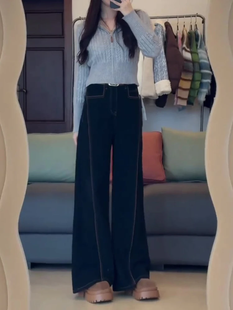 Черные широкие джинсы на флисовой подкладке больших размеров женские зимние 2024