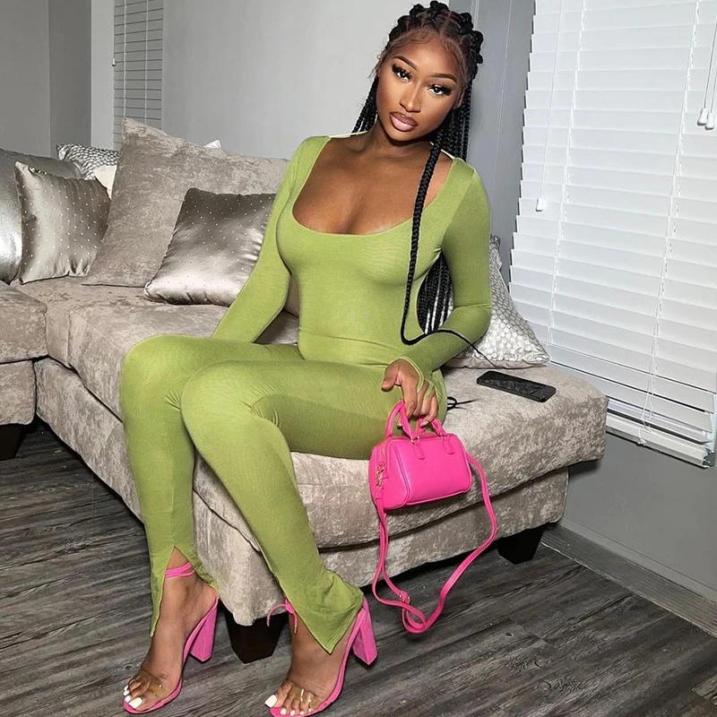 

Fall Winter Women Streetwear Club Outfits Solid Square Collar Long Sleeve Slit Elegant Sexy Bodycon Slim Jumpsuit