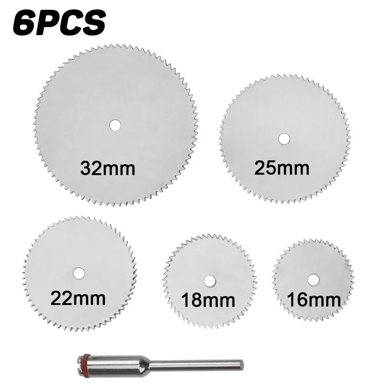 

6Pcs/set Stainless Steel Slice Metal Cutting Disc With 1 Mandrel for Dremel Rotary Tools 16 18 22 25 32mm Wood Saw Blade Disc
