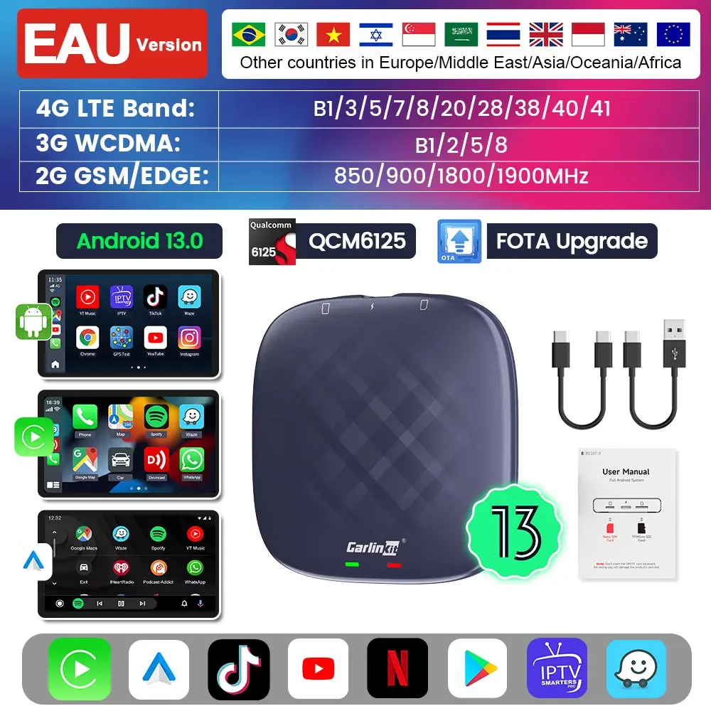 

Carlinkit Android TV Box Android 13 Wireless Carplay Ai Box Qcm6125 8-ядерный 128 ГБ Smart Car Ai Box Carplay для Netflix Youtube