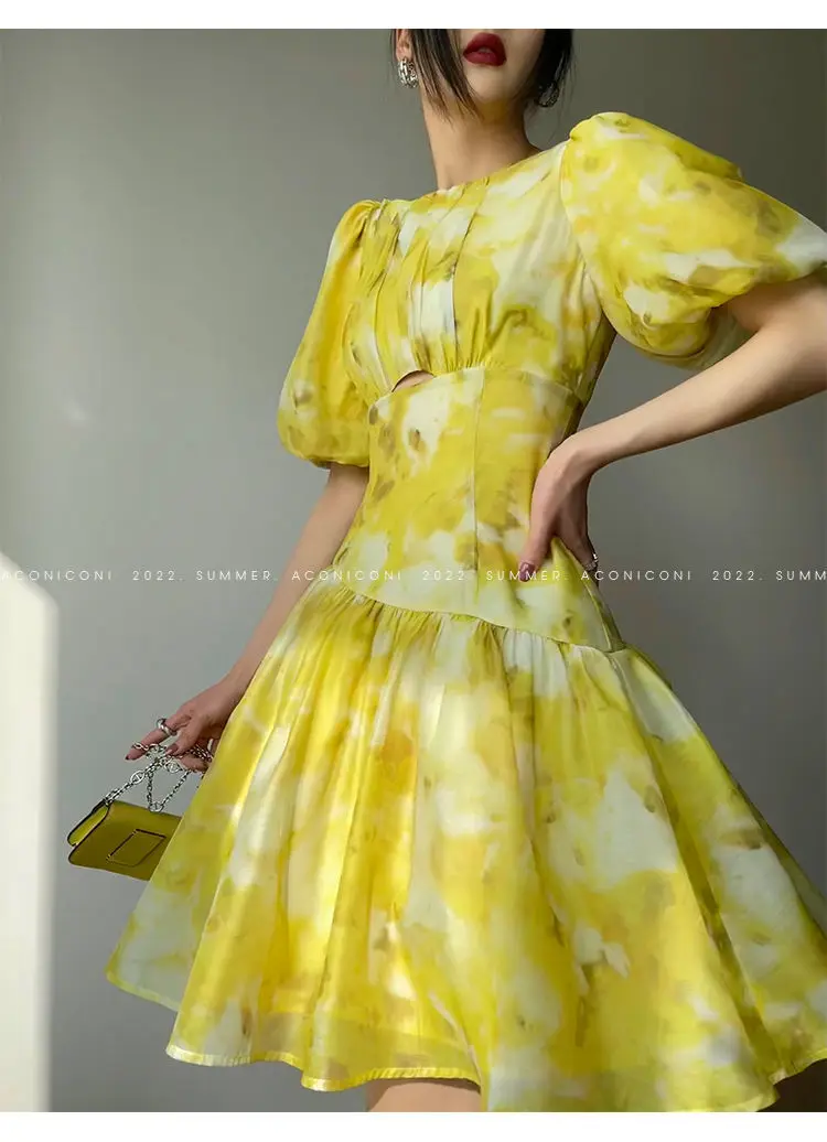

Summer Yellow Printed Dress Women 2022 Ruched Ruched Slim Chiffon Elegant Office Lady Party Dress Female 2022 New Vestidos