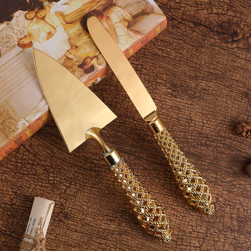 Set di pala e coltelli da forno in oro manico vuoto pala per Pizza Set di taglierine per Dessert posate in oro per la festa di compleanno di nozze