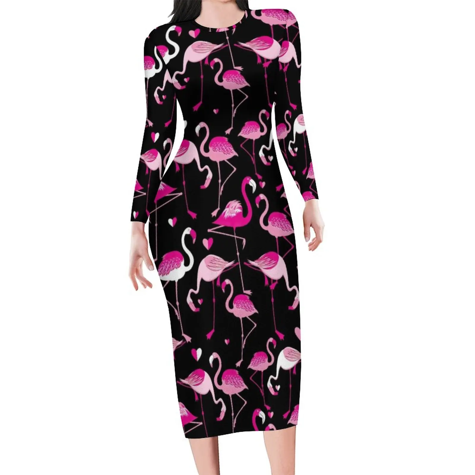 

Cartoon Flamingo Bodycon Dress Female Heart Print Modern Dresses Summer Long Sleeve Street Fashion Design Dress Big Size 4XL 5XL
