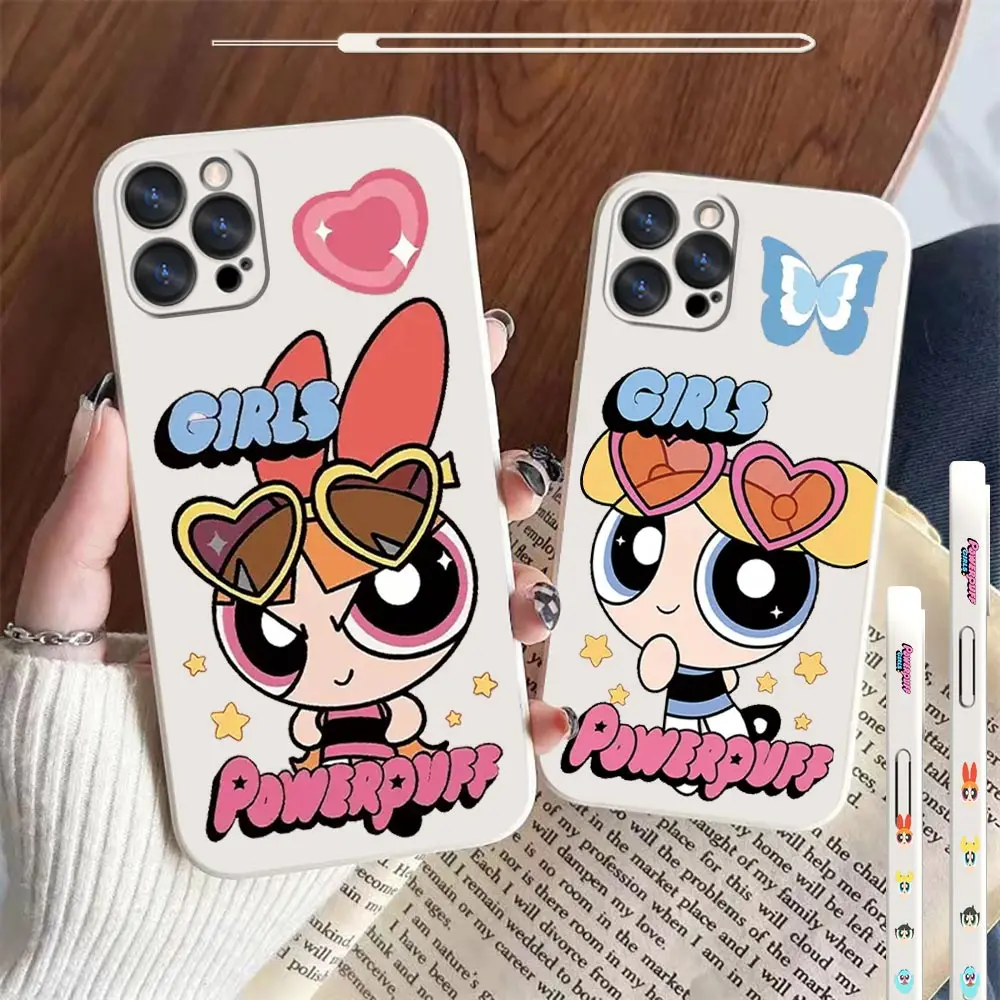 

Cute The Powerpuff Girls Anime Phone Case For Apple iPhone 14 13 12 11 Pro Max Mini X XS XR SE 7 8 Plus Liquid Left Rope Cover