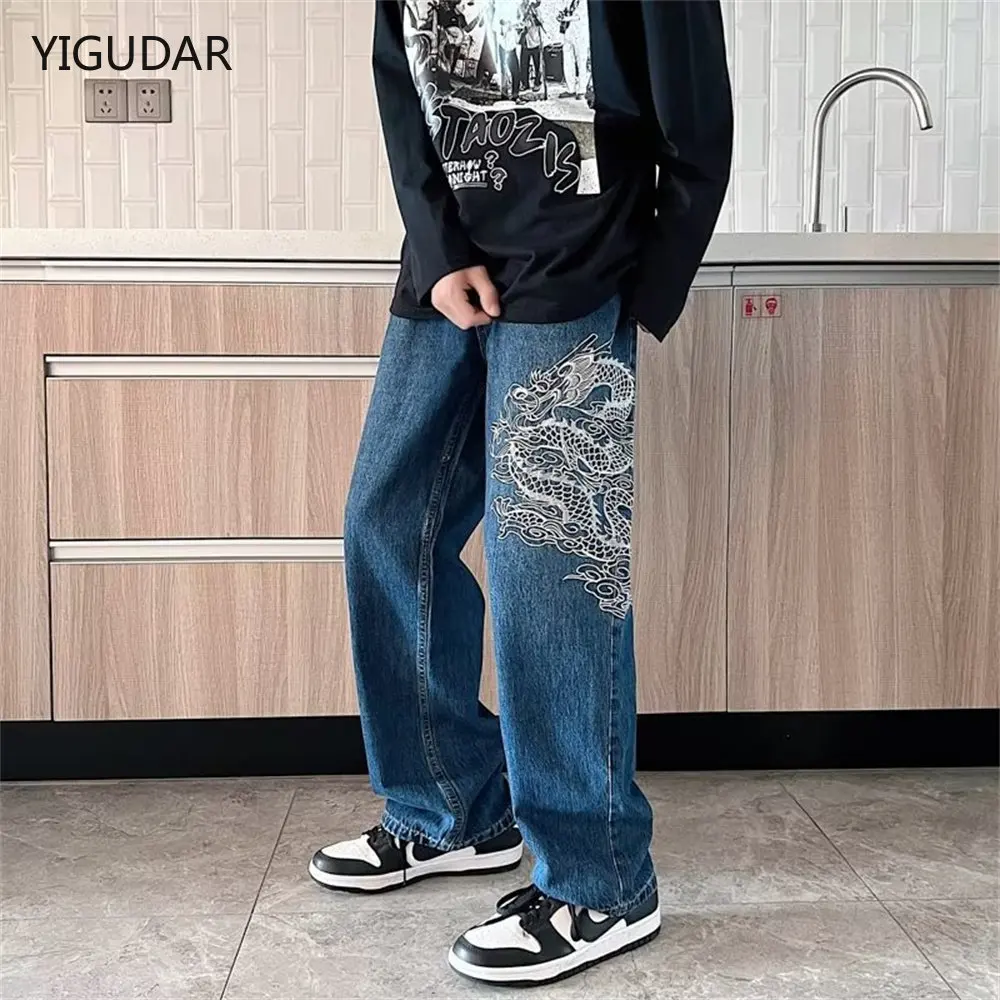 

Jeans men's and women's retro blue embroidered dragon pattern jeans high-waisted loose and thin drapey mopping pants