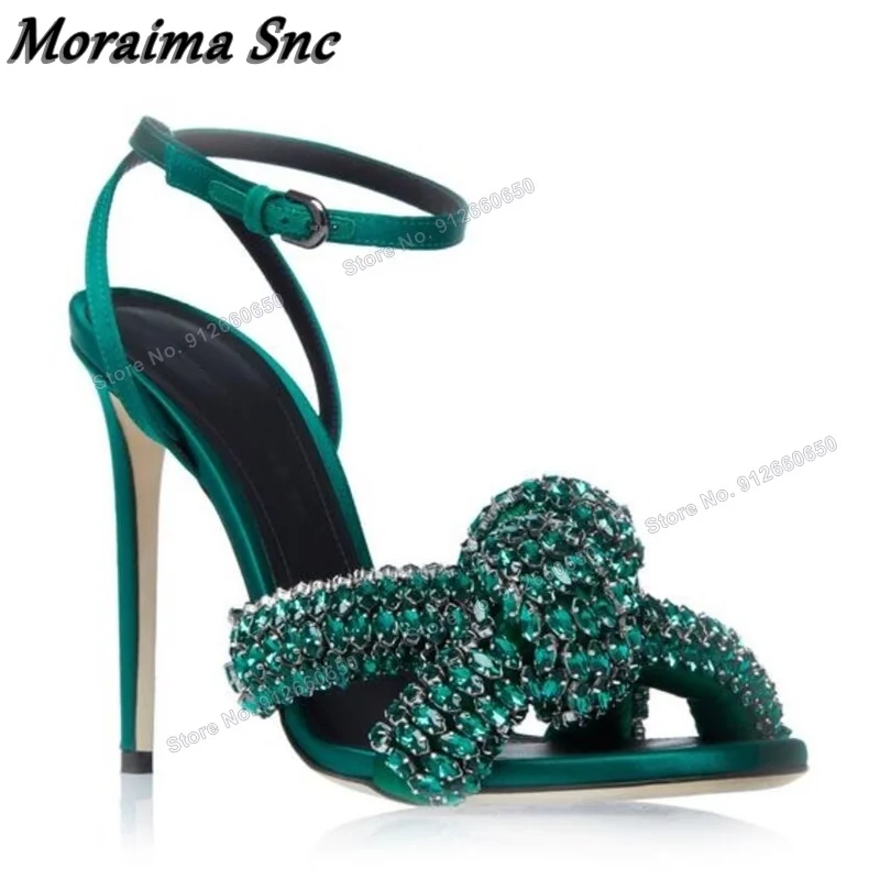 Moraima Snc Bow Knot sandali di cristallo verde per le donne fibbia alla caviglia Solid tacchi alti scarpe donna tacchi a spillo sandali Open Toe