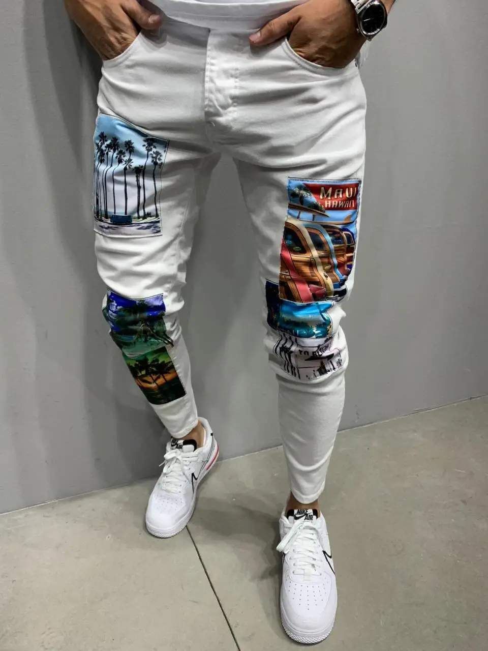 

White Design Patched Men's Slim Fit Jeans