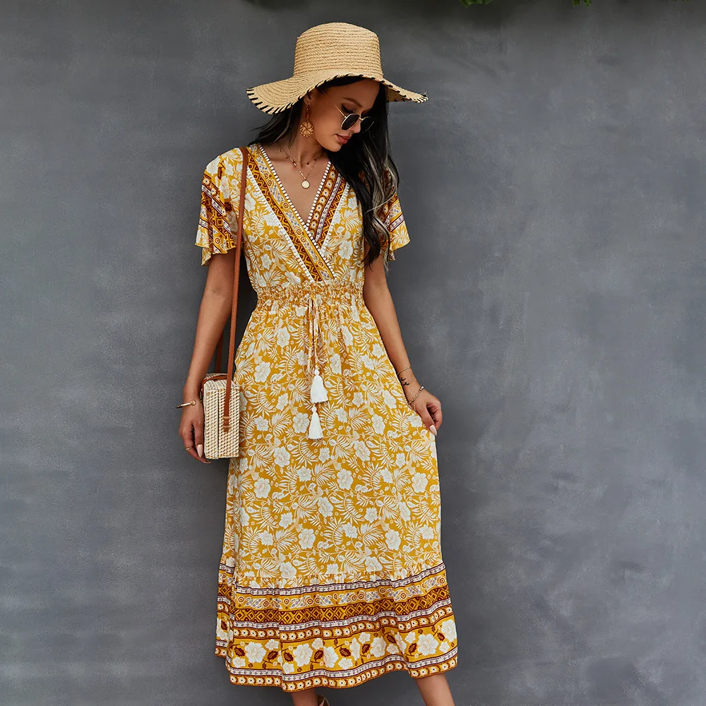 

SSCL Bohe Floral Long Dresses Women Summer Short Sleeve 2023 V-neck Loose Midi Dress Bandage Chic Maxi Beach Sundress Vestidos