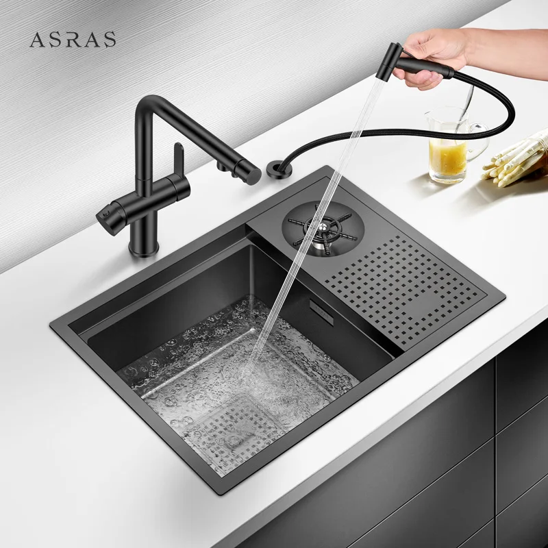 Кухонная раковина ручной работы Asras SUS304 черная с флюзером