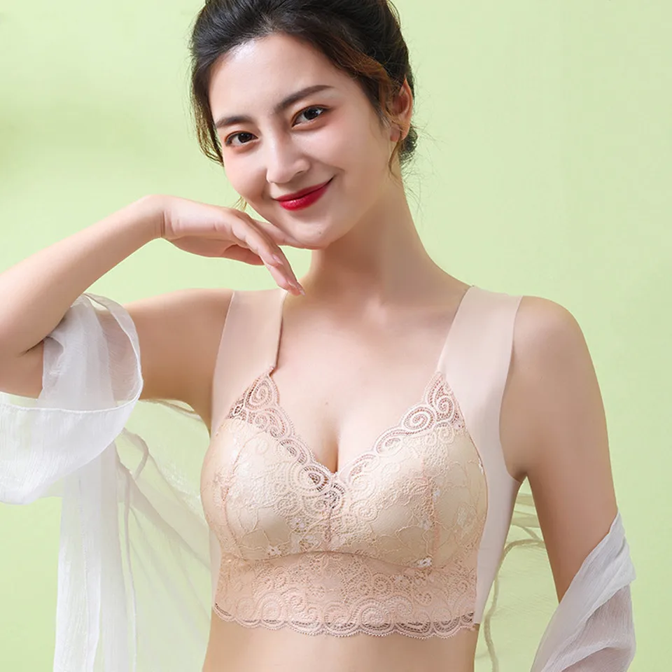 

Women Plus Size Seamless Bra Lace Sexy Lingeries Push Up Brassiere New Wire Free Bras Thin Cup Soft Gathered Sleep Underwear