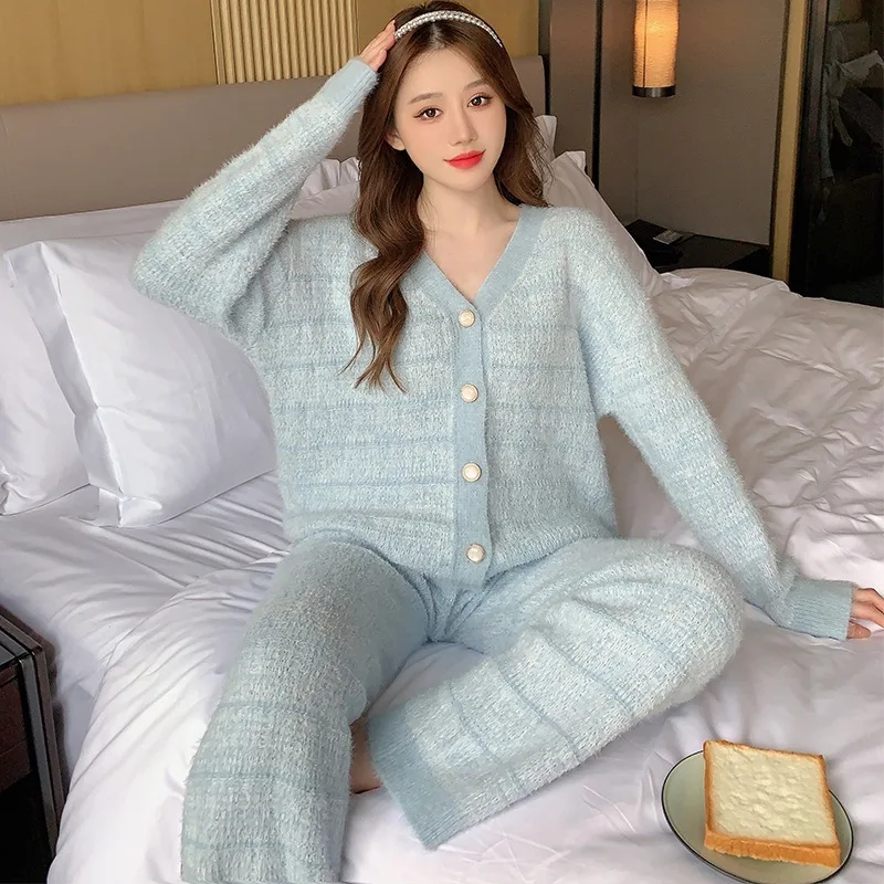 Winter Woman Pajama Pyjamas Elegant High-End Feather Yarn Free Shipping Clearance Luxury Clothes Women  2 pieces Set Pyjamas