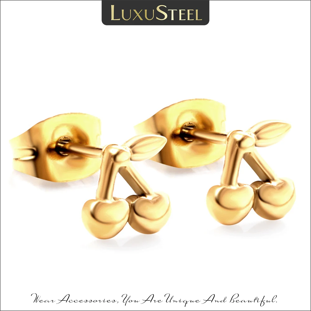 

LUXUSTEEL Korean Fashion Women's Gold Color Cherry Stud Earrings Stainless Steel Earring Birthday Jewelry Gifts For Girls