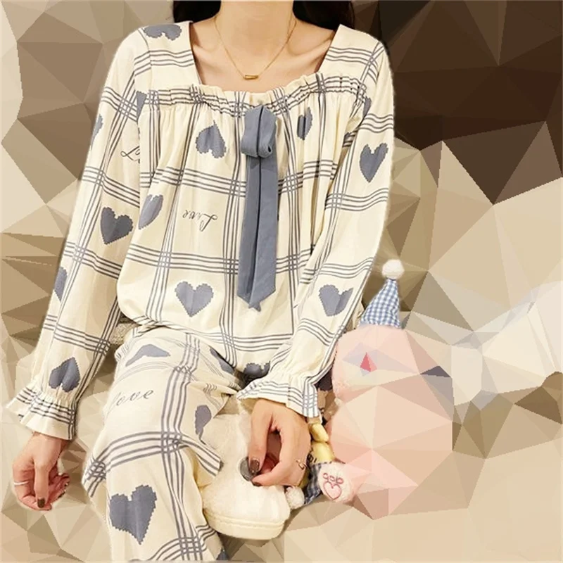 Women's Pajamas Set Sweet Bow Cartoon Love Pattern Print Cute Princess  Spring Pyjama Loose Size Mom Homewear Cozy Sleepwear