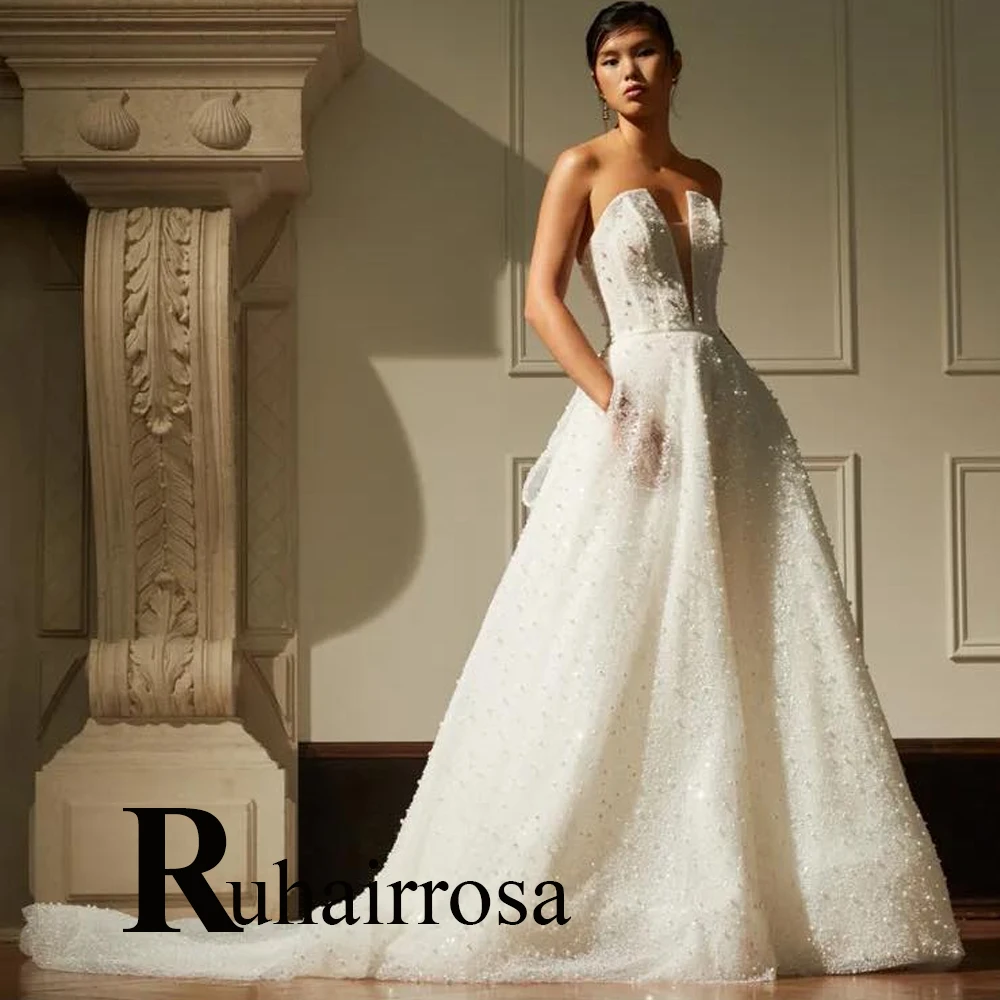 

Ruhair Modern Strapless Bling Wedding Dresses For Bride Beadings Bow Backless Made To Order Robe De Mariée Formal Brides Gown