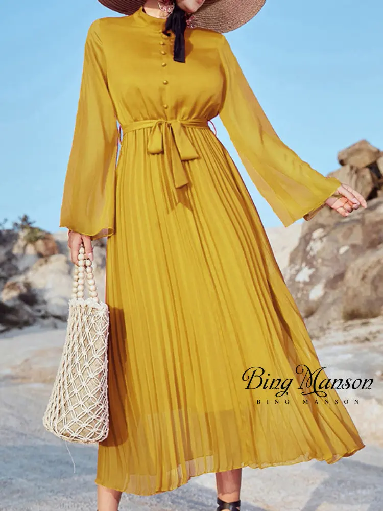 2022 Yellow Dress Evening Dress Ladies Elegant Stand Collar Puff Sleeve Long Sleeve Casual Loose Long Dress Autumn Dress