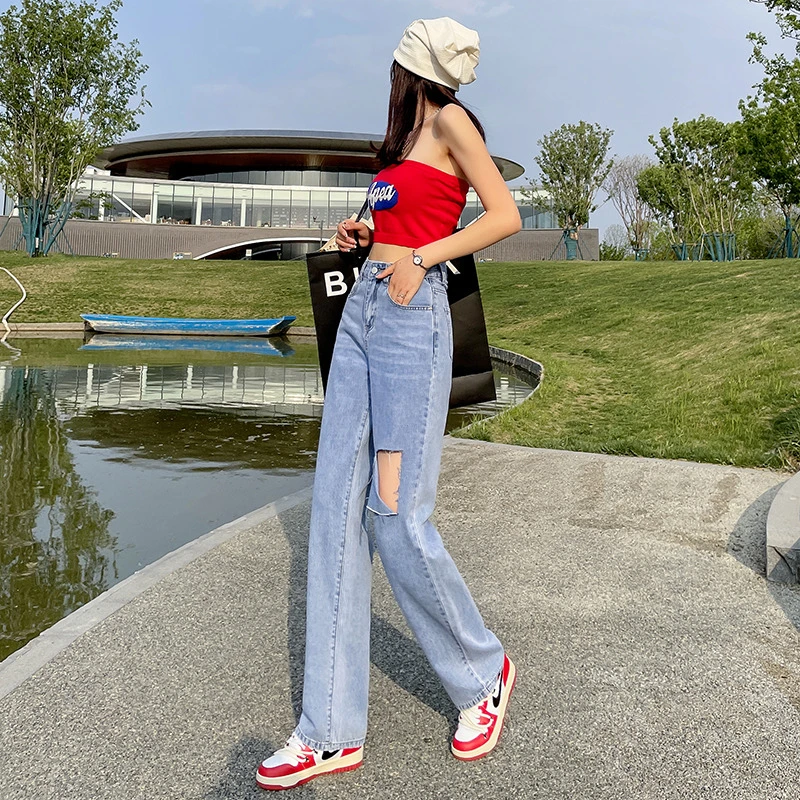Jeans, women's blue, spring and summer commuting pants, perforated, thin, high waisted, straight, loose fitting, versatile and f