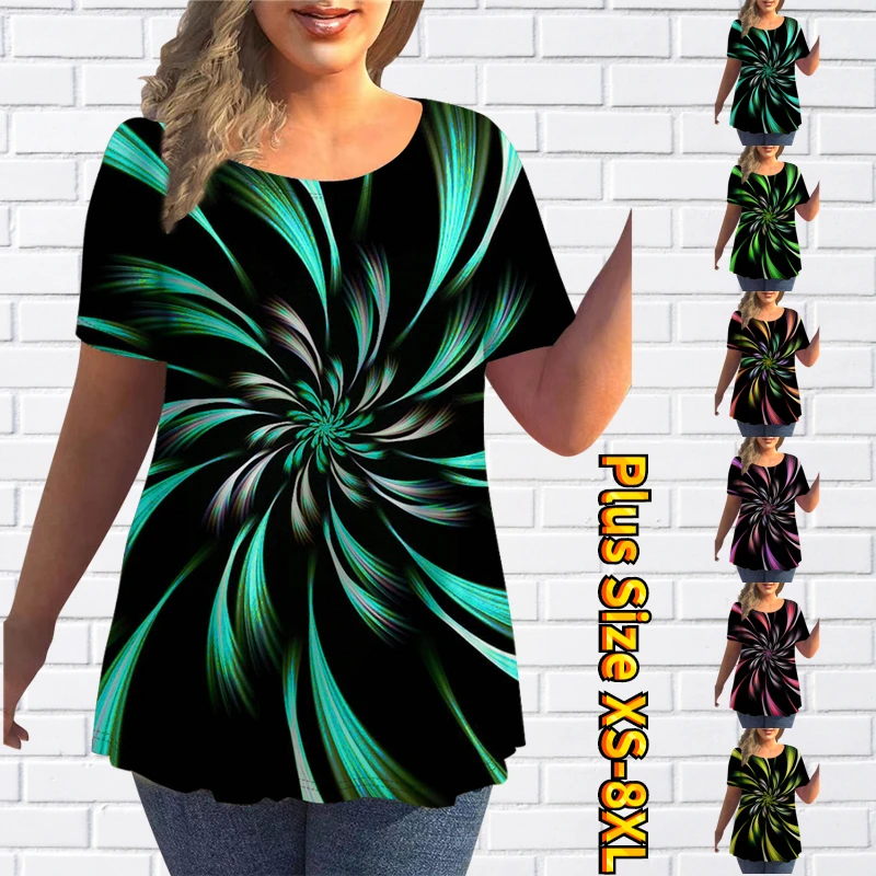 

Summer Women Fireworks Bloom Print Tee Multicolor Gradient Fashion Tops Ladies New Design Element Loose Shirt Casual Crew Neck