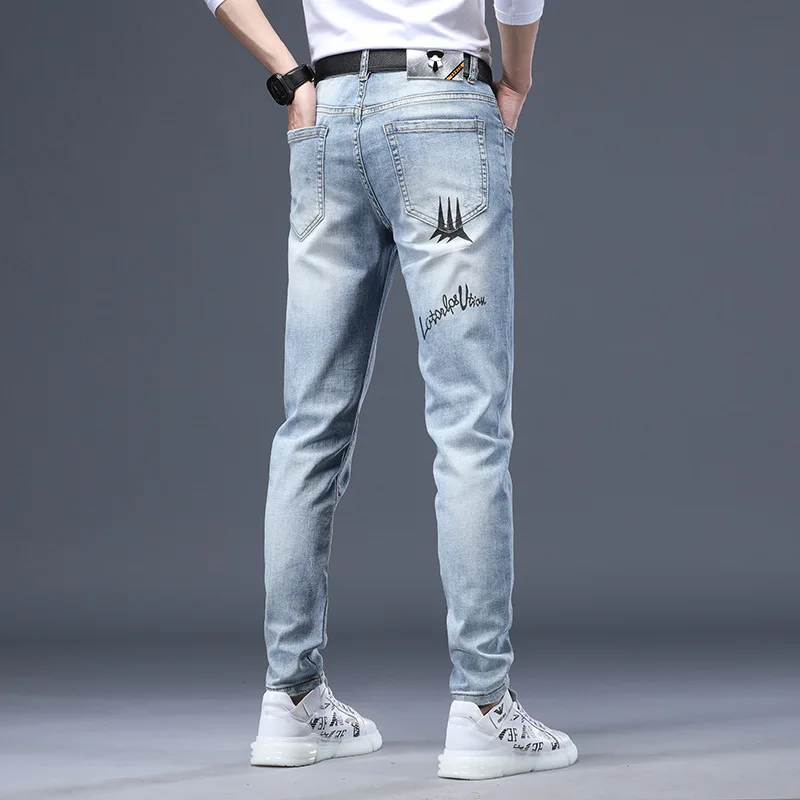 Jeans men Korean pants slim feet stretch light blue summer hot diamond printed casual denim pants men