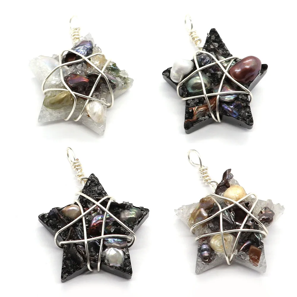 

Resin Inlaid Pearl Pentagram Pendant 37x35mm Hand Wrapped Silk Thread DIY Make Fashion Charm Jewelry Necklace Earrings Accessory