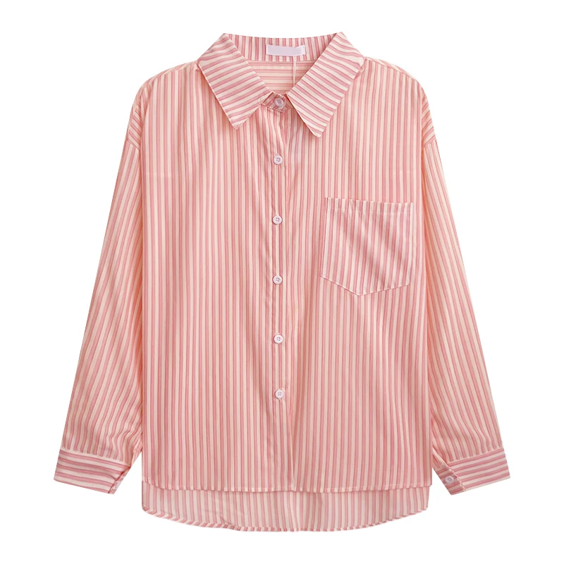 

Summer Fresh Green Stripes Basic Loose Casual Long Sleeve Sunscreen Shirt