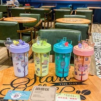 portable travel worker student coffee drink kawaii water bottle plastic material with double straw for girl