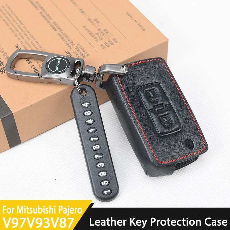 

Leather Car Key Case Cover Shell For Mitsubishi Pajero V97V93V87 Key Case Shell Protection Bag Interior Accessories Key Ring