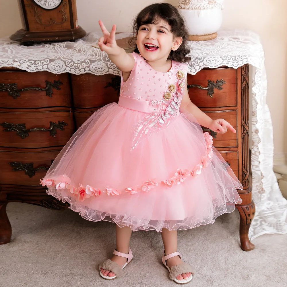 

Цветочное платье для девочек без рукавов, Сетчатое бальное платье с бисером, Летнее Детское платье на первый день рождения, официальное веч...