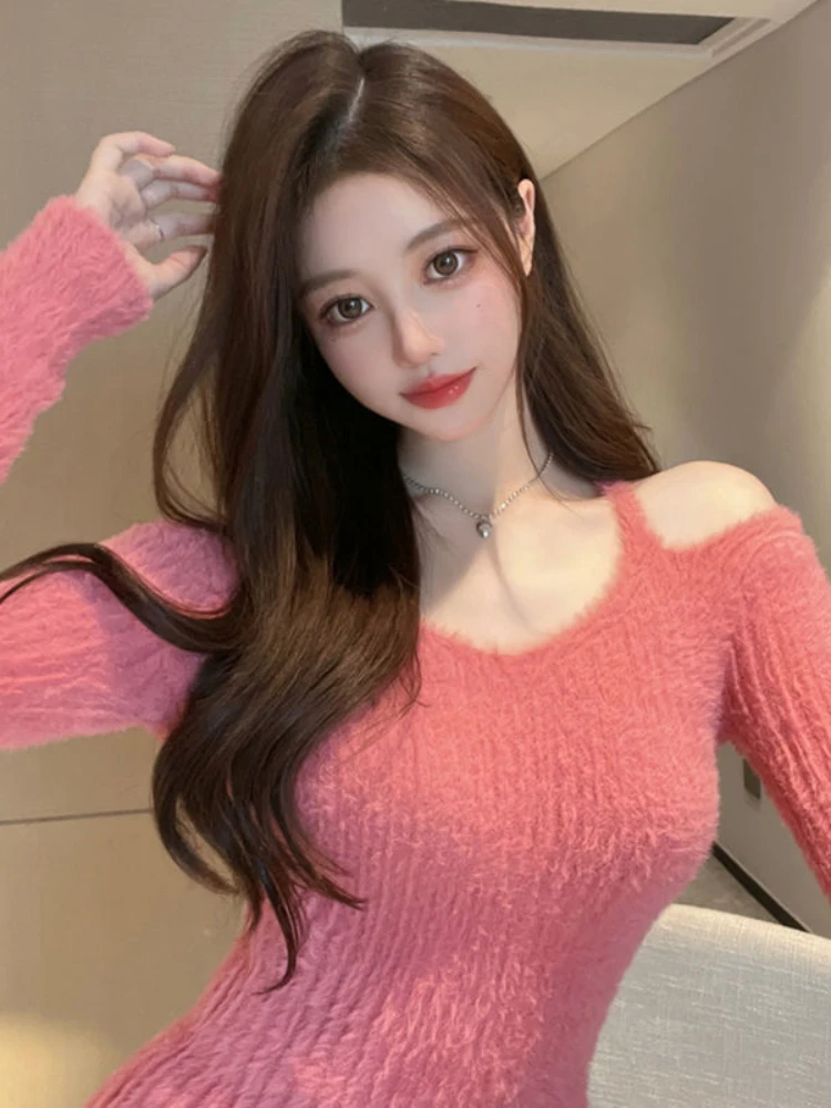 

Women's Dresses Bodycon Clothing Pink Knit Sexy Daring Solid Crochet Short Extreme Mini Female Dress Over The Shoulder Harajuku