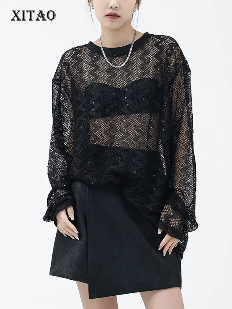 

XITAO Solid Color Knitting Hollow Out O-neck T-shirts 2022 Summer New Arrival Casual Fashion Loose Temperament All Match WMD6406