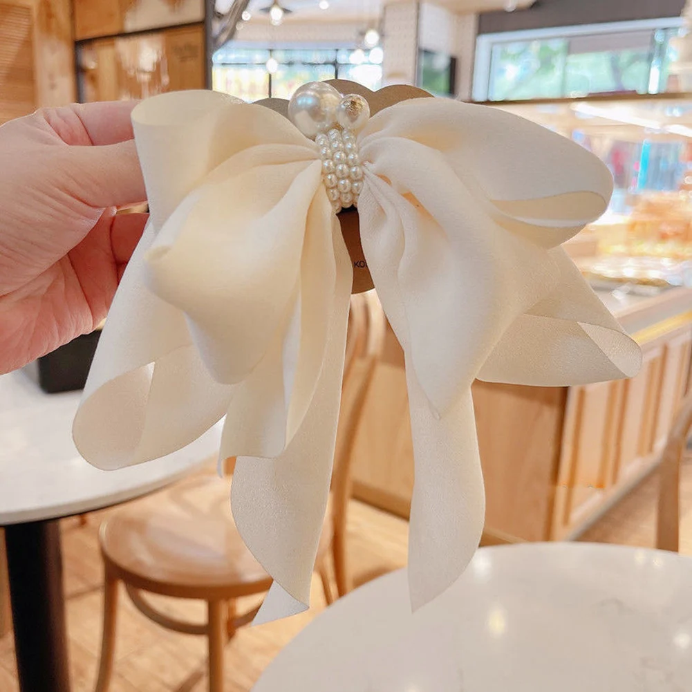 

One-word Spring Clip Hair Accessories Ponytail Headband Chiffon Bow Pearl Hair Clip on The Back of The Head hair pins Hairpin