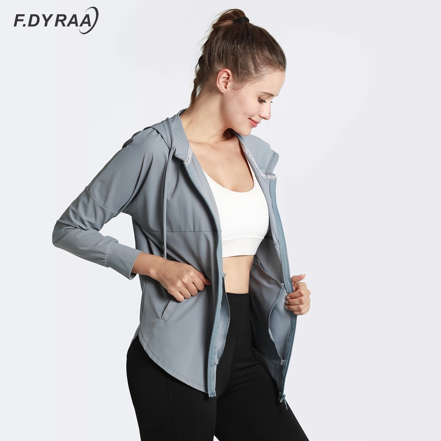 F.DYRAA Women Running Zipper Hooded Jackets Loose Sports Long Sleeve Coats Quick Dry Fitness Yoga Workout Outerwear For Woman