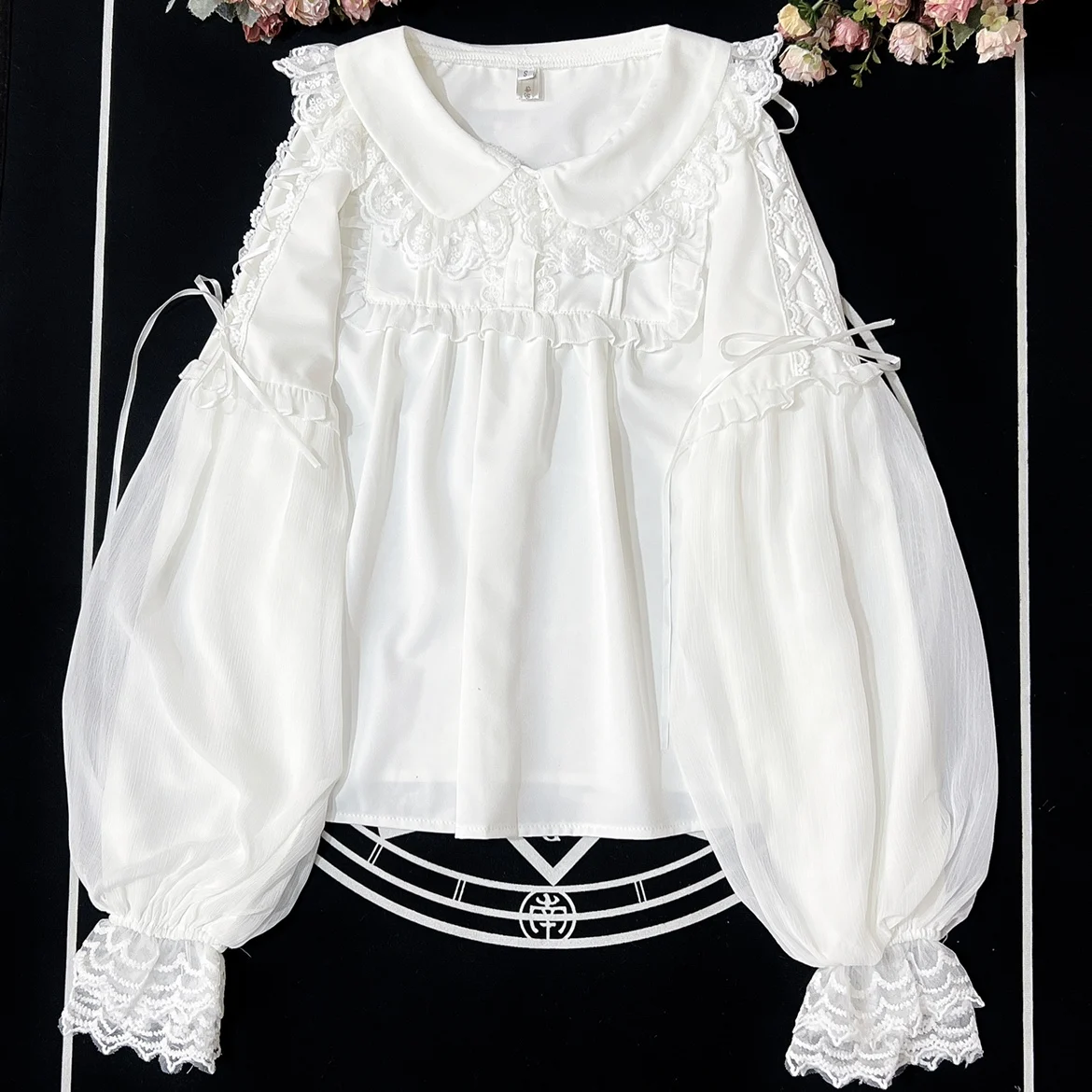

2022 Spring Women's Lolita Peter Pan Collar Long Sleeve Pure Color Blouse Ribbon Bow Lace Trim Shirt