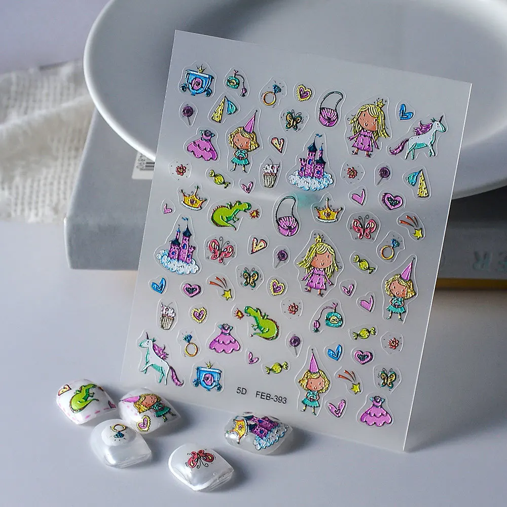 

Милые Мультяшные замки принцессы 5D рельефные наклейки для дизайна ногтей Единорог звезда Луна Радуга маникюрные наклейки для женщин Сделай Сам оптовая продажа