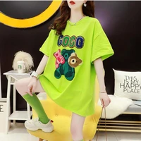 summer loose foreign style women bear patch medium long tshirt rose green letter tops appliques fairy tale
