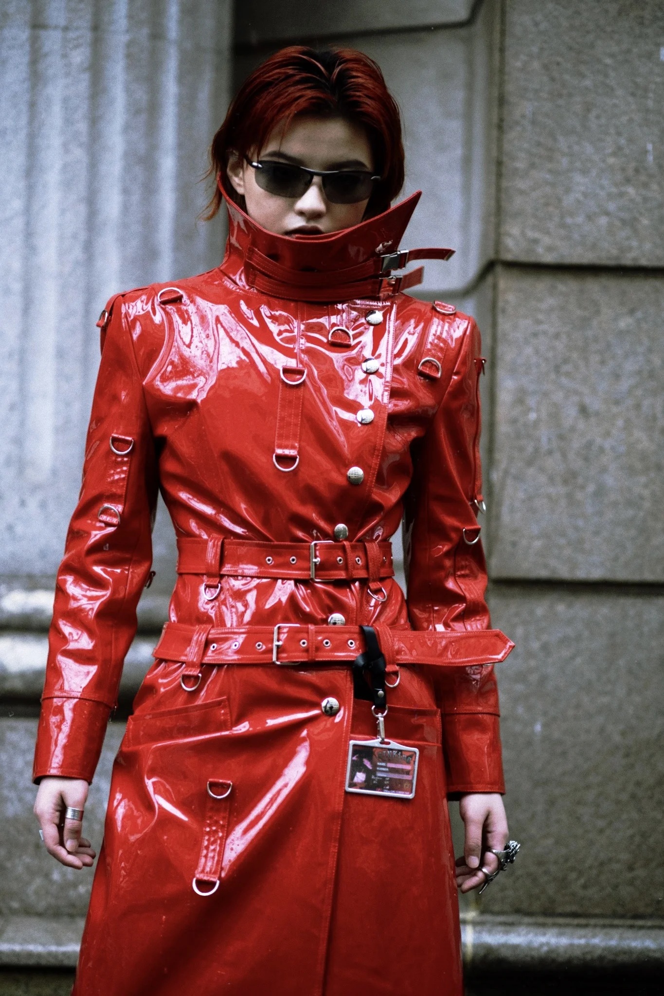 Sunken SINKing | SK Series TRA Strap Jipunk Style Black Red Cord Shiny Patent Leather Long Coat