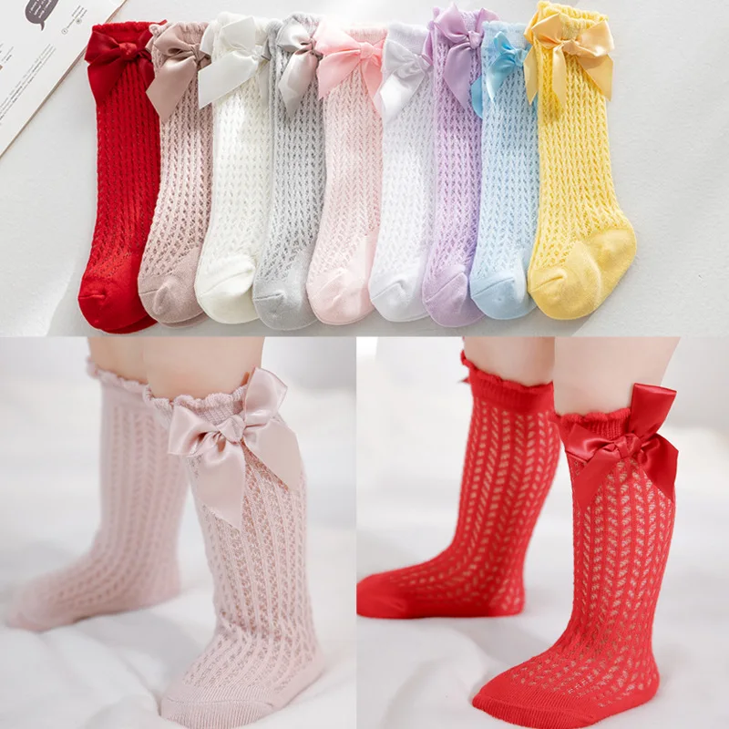 Medias de malla con lazo coreano para bebé, calcetines hasta la rodilla de algodón transpirable de princesa, calcetines para recién nacidos, calcetines para niñas pequeñas de 0 a 2 años