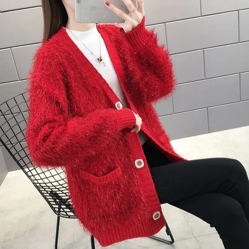 Red Faux Fur Winter Autumn Women Sweaters Trendy Furry Plush V-Neck Long Loose Korean Oversized Jacket Sweater Tops Overcoat