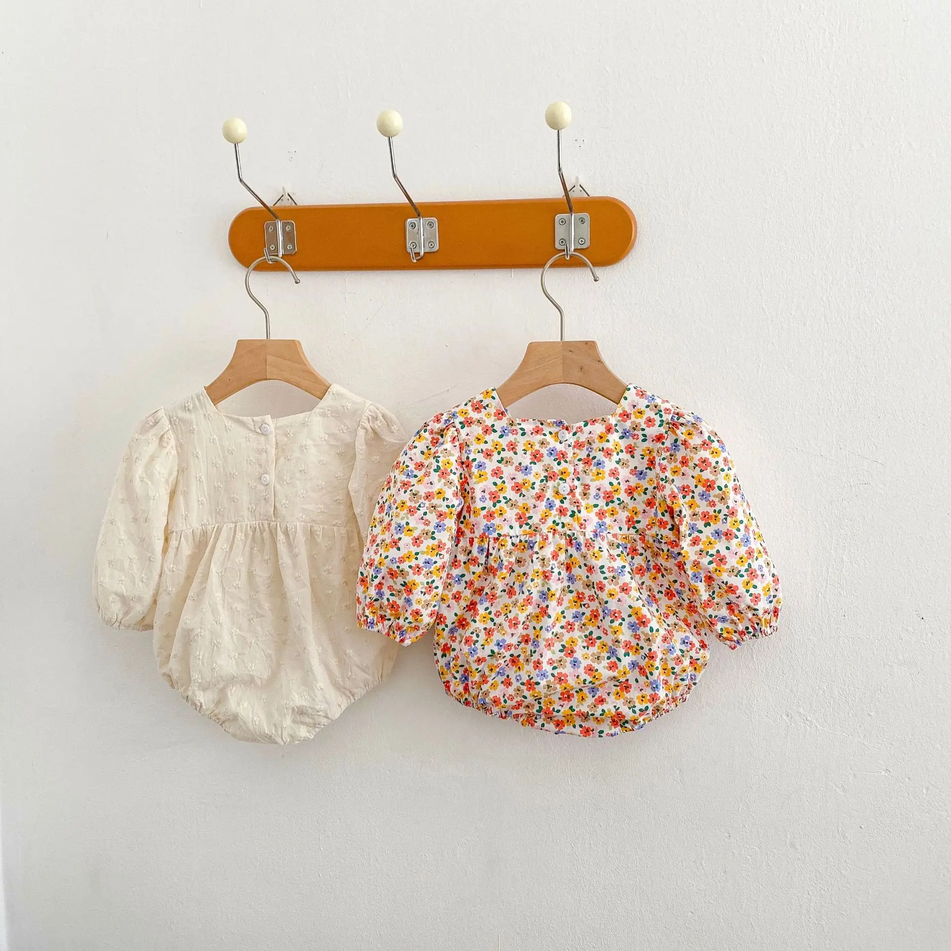 2022 Autumn New Girl Infant Big Bow Enbroidery Romper Boy Children Flower Print Long Sleeve Jumpsuit Baby Cotton Solid One-piece
